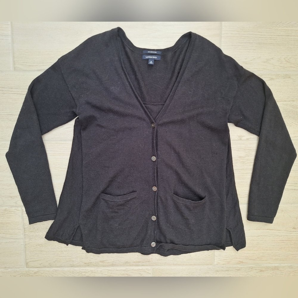 Lands End Women's Black 100% Merino Wool V-neck Pleated Back Cardigan - Sz Small